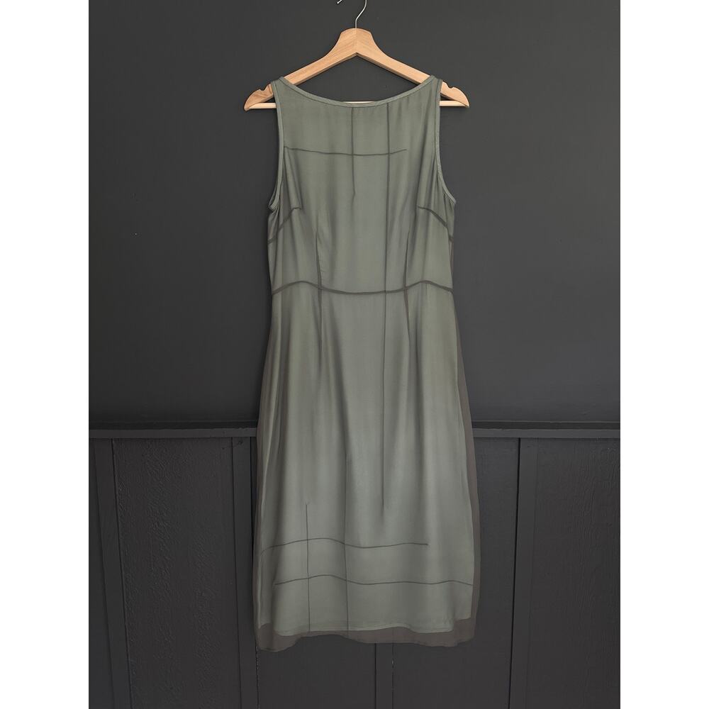 Beth Bowley 100% Silk Mesh Overlay Sleeveless Sheath Muted Sage Gray Size 10